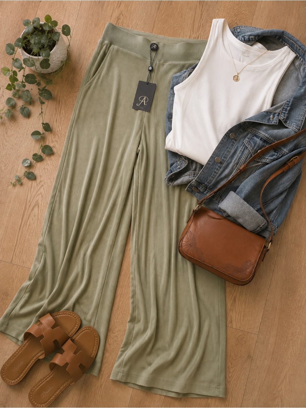 Adrianna Papell Sage Olive Wide Leg Flowy Pants Sz med NWT